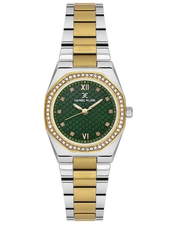 DANIEL KLEIN Women's Stainless Steel Silver and Gold Alloy Case Analog Dark Green Round Emboss Dial Japanese Quartz Premium 30 Meters Water Resistant