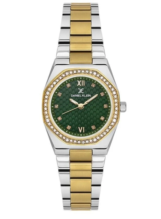 Daniel Klein Women's Stainless Steel Silver and Gold Alloy Case Analog Dark Green Round Emboss Dial Japanese Quartz Premium 30 Meters Water Resistant