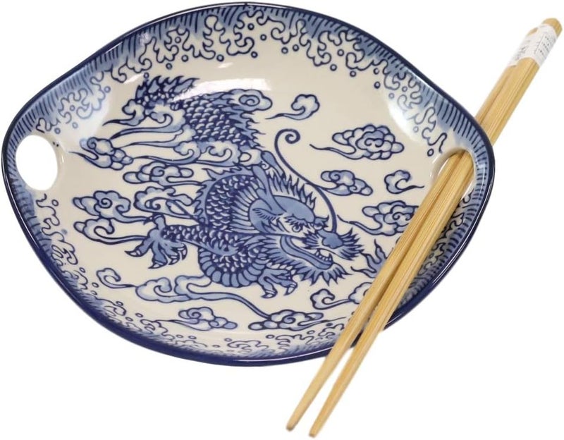 Ebros Gift Ebros Blue White Ming Nine Dragons Dragon King Appetizer Snack Serving Coupe Plate Dish With Chopsticks And Built In Rest Set Small Flat Bowl For Hors Doeuvres Sushi Ice Cream Serveware Plates - Image 1