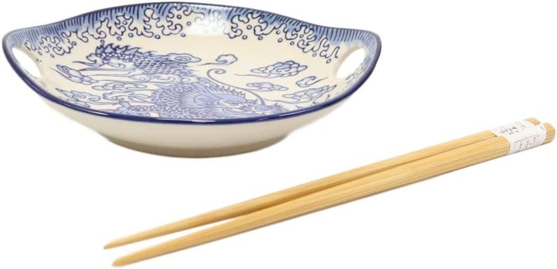 Ebros Gift Ebros Blue White Ming Nine Dragons Dragon King Appetizer Snack Serving Coupe Plate Dish With Chopsticks And Built In Rest Set Small Flat Bowl For Hors Doeuvres Sushi Ice Cream Serveware Plates - Image 4