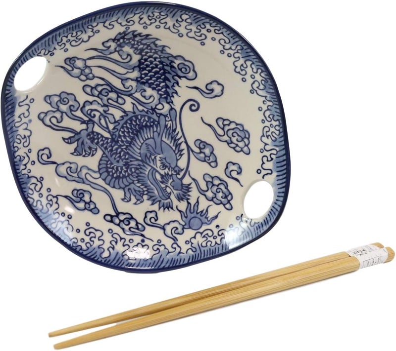 Ebros Gift Ebros Blue White Ming Nine Dragons Dragon King Appetizer Snack Serving Coupe Plate Dish With Chopsticks And Built In Rest Set Small Flat Bowl For Hors Doeuvres Sushi Ice Cream Serveware Plates - Image 3
