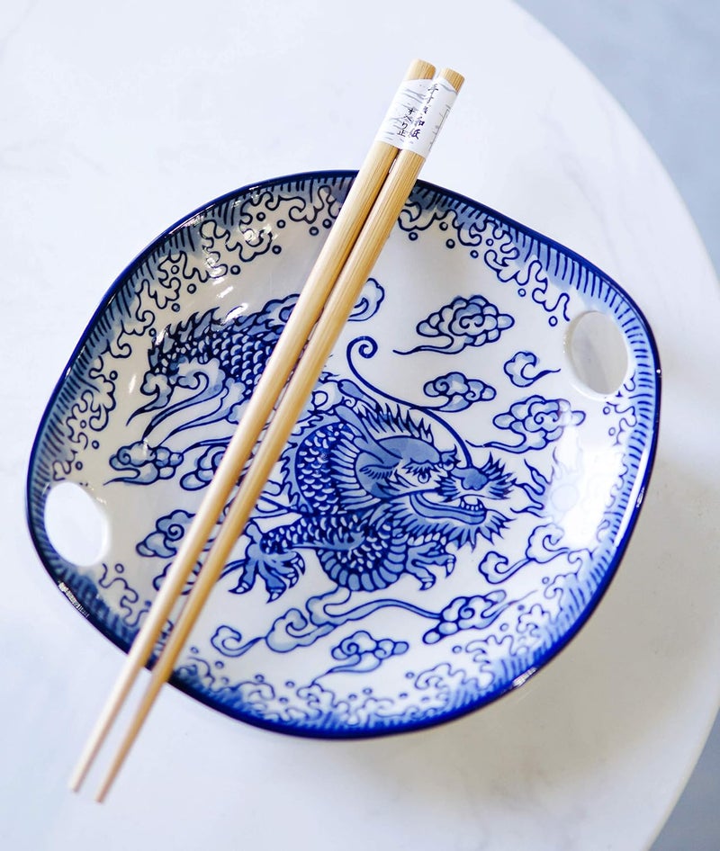 Ebros Gift Ebros Blue White Ming Nine Dragons Dragon King Appetizer Snack Serving Coupe Plate Dish With Chopsticks And Built In Rest Set Small Flat Bowl For Hors Doeuvres Sushi Ice Cream Serveware Plates - Image 2