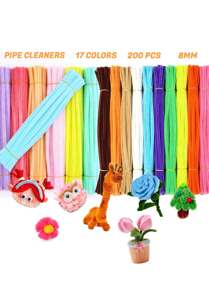 200pcs Craft Pipe Cleaners, 17 Colors Creative Chenille Stems Pipe Cleaners Craft – 8mm Craft Supplies for DIY Projects, Art Activities, Decorations & More - Image 1