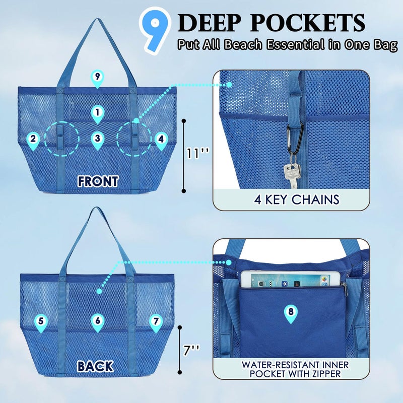 Fammart Mesh Beach Bag, Large Beach Tote with Zipper Pocket, Toys Pool Bag for Family Travel Vacation Cruise Essentials, Large - Blue - Image 5
