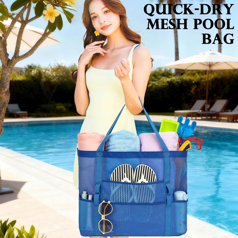 Fammart Mesh Beach Bag, Large Beach Tote with Zipper Pocket, Toys Pool Bag for Family Travel Vacation Cruise Essentials, Large - Blue - Image 2