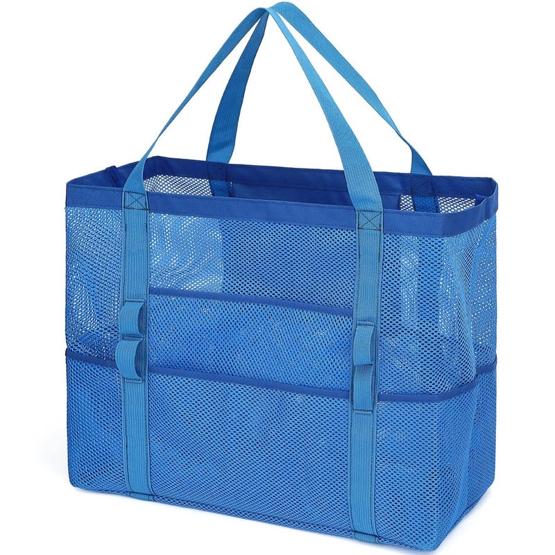 Fammart Mesh Beach Bag, Large Beach Tote with Zipper Pocket, Toys Pool Bag for Family Travel Vacation Cruise Essentials, Large - Blue - Image 1