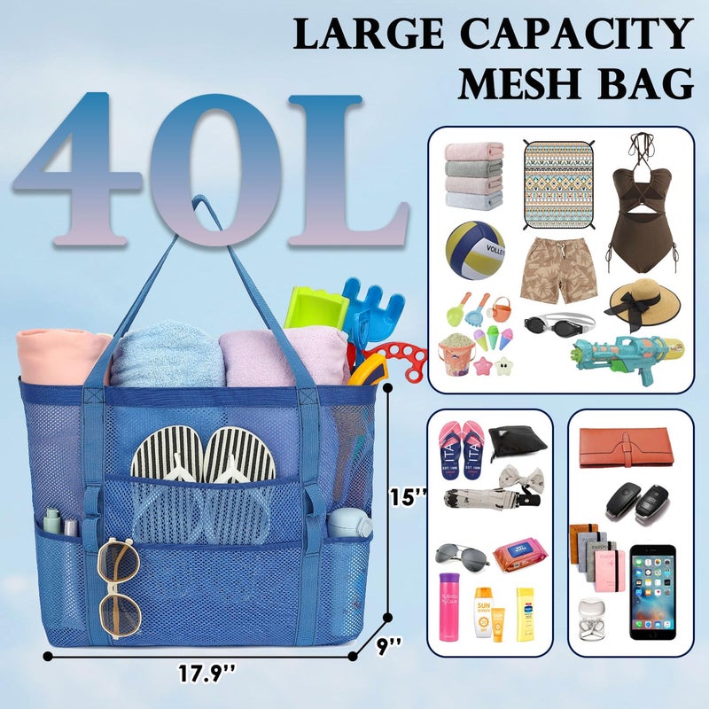 Fammart Mesh Beach Bag, Large Beach Tote with Zipper Pocket, Toys Pool Bag for Family Travel Vacation Cruise Essentials, Large - Blue - Image 4