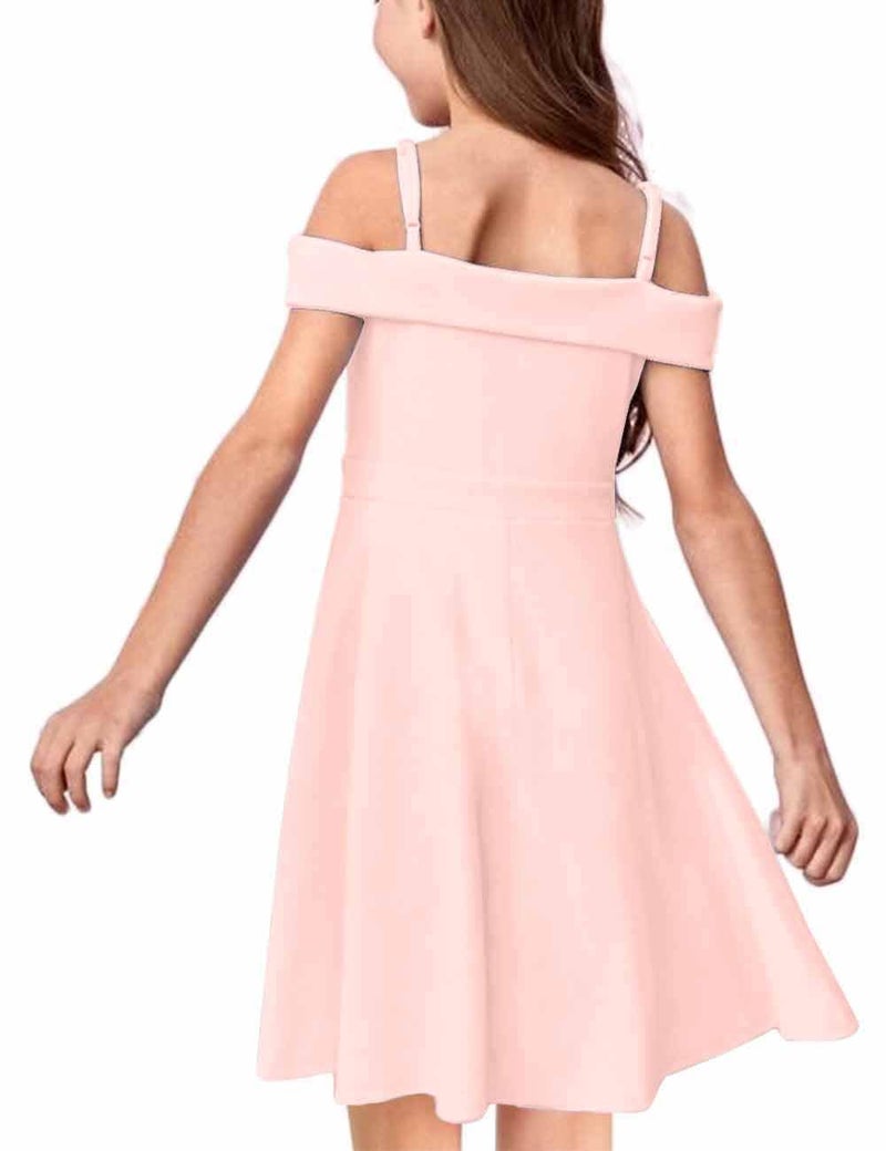 LuckyShe Girls Elegant Princess Cold Shoulder Fold Pleated High Waist Flared A Line Party Dresses,Pink,8 Years - Image 3