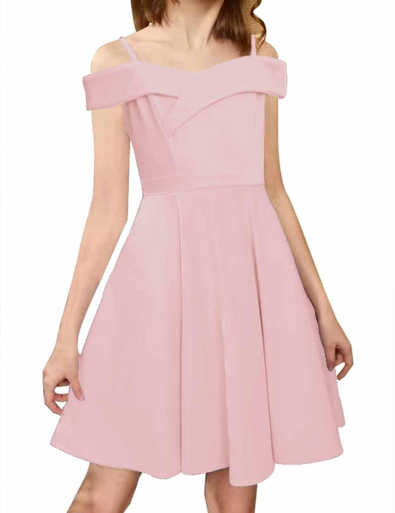 LuckyShe Girls Elegant Princess Cold Shoulder Fold Pleated High Waist Flared A Line Party Dresses,Pink,8 Years - Image 2