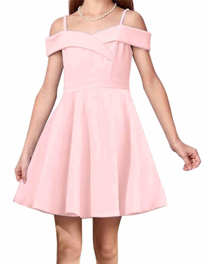 LuckyShe Girls Elegant Princess Cold Shoulder Fold Pleated High Waist Flared A Line Party Dresses,Pink,8 Years - Image 1