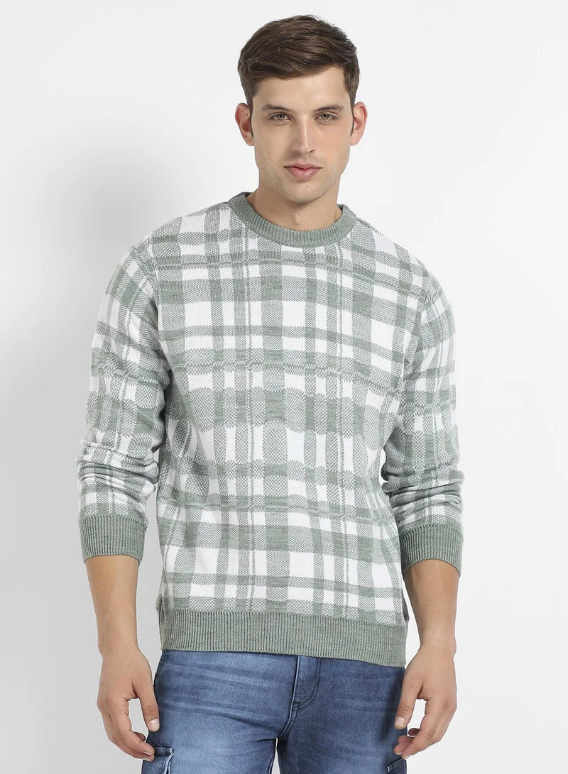 Campus Sutra Men's Sage Green Tartan Plaid Pullover Sweater