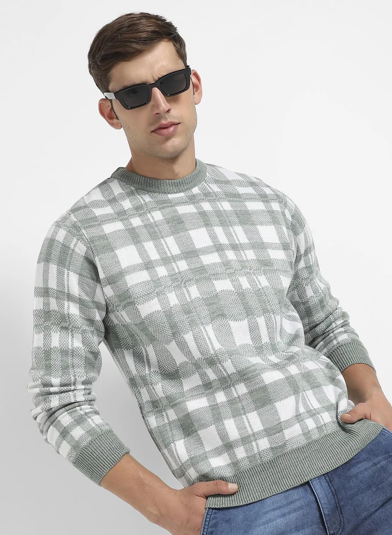 Campus Sutra Men's Sage Green Tartan Plaid Pullover Sweater