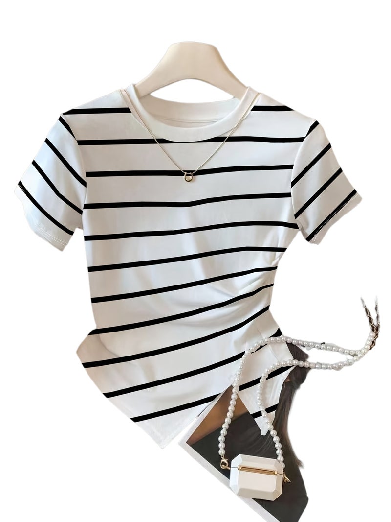 New Women'S Spring And Summer Pattern Printed Round Neck Slim - Fit Versatile Tight T - Shirt - Black And White Stripes / XS - Image 1