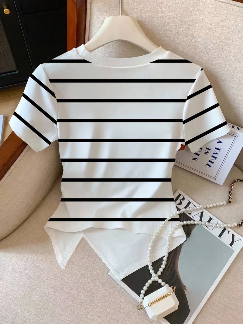 New Women'S Spring And Summer Pattern Printed Round Neck Slim - Fit Versatile Tight T - Shirt - Black And White Stripes / XS - Image 2