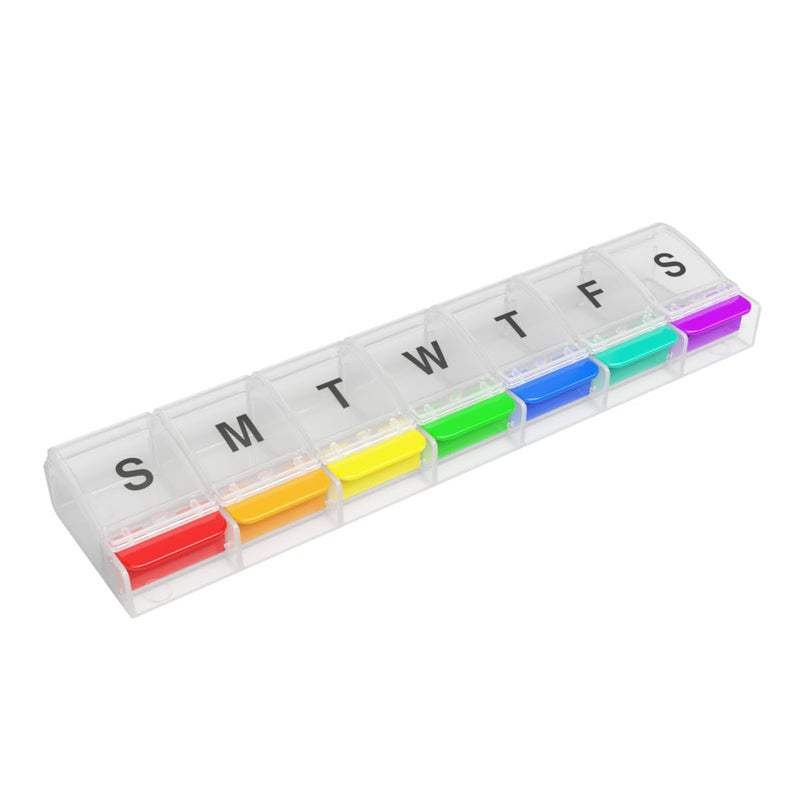 EZY DOSE Weekly (7-Day) Pill Case, Medicine Planner, Daily Vitamin Organizer Box, X-Large Push-Button Compartments, Convenient and Easy to Use, Arthritis Friendly, Clear Lids, Rainbow, BPA Free - Image 1