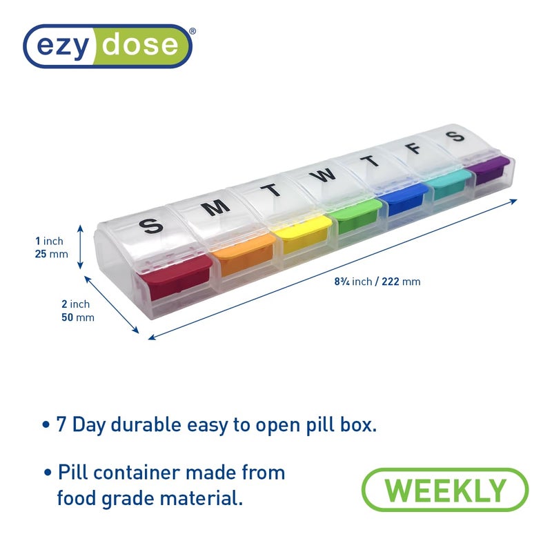 EZY DOSE Weekly (7-Day) Pill Case, Medicine Planner, Daily Vitamin Organizer Box, X-Large Push-Button Compartments, Convenient and Easy to Use, Arthritis Friendly, Clear Lids, Rainbow, BPA Free - Image 2