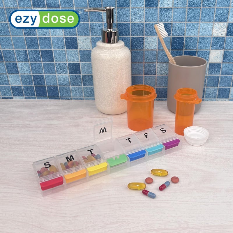 EZY DOSE Weekly (7-Day) Pill Case, Medicine Planner, Daily Vitamin Organizer Box, X-Large Push-Button Compartments, Convenient and Easy to Use, Arthritis Friendly, Clear Lids, Rainbow, BPA Free - Image 4