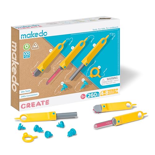 Makedo Create Upcycled Cardboard Construction Tool Kit in Small Toolbox 260 Pieces STEM STEAM Educational Toys for at Home Play Classroom Learning Reusable Tools for Boys and Girls Age 5 - Image 1