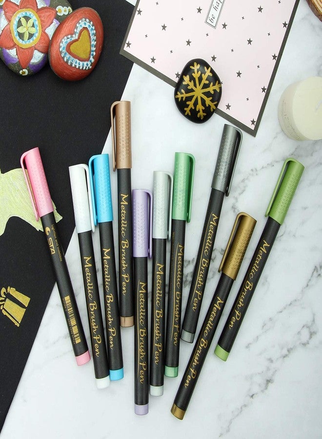 Brusarth Metallic Brush Marker Pens - Metallic Calligraphy Brush Pens for Black Paper, Brush Lettering, Rock Painting, Halloween Pumpkin, Ceramics, Scrapbook Crafts (Set of 10 Colors) - Image 4