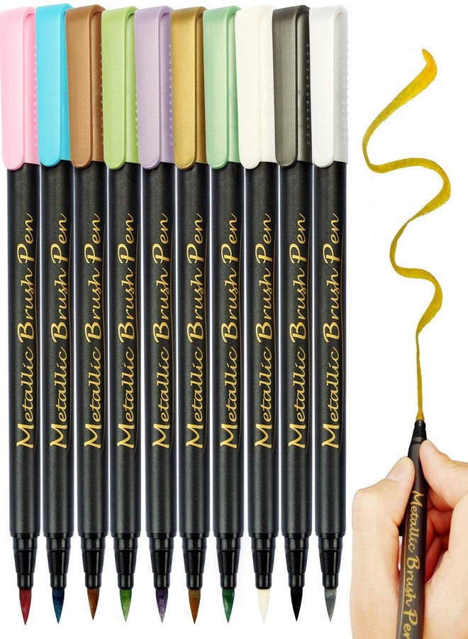 Brusarth Metallic Brush Marker Pens - Metallic Calligraphy Brush Pens for Black Paper, Brush Lettering, Rock Painting, Halloween Pumpkin, Ceramics, Scrapbook Crafts (Set of 10 Colors) - Image 1