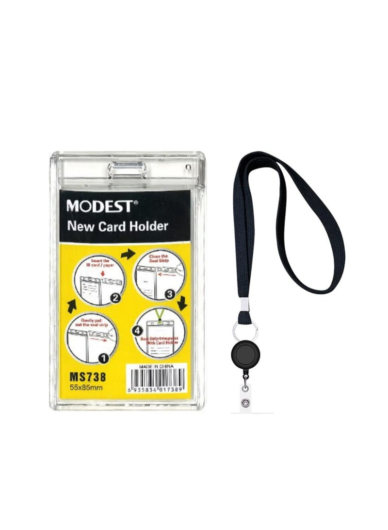 MODEST 5 Pieces Clear ID Badge Holder with Lanyard, with Lanyard ID Card Holder Waterproof Clear Plastic Vertical Name Tags Badge Holders Transparent CRISTAL CLEAR BLACK LANYARD - Image 1