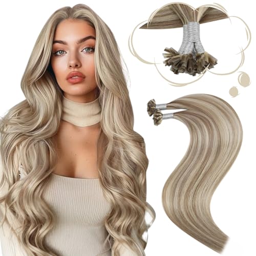 Moresoo U Tip Hair Extensions Light Brown with Platinum Blonde Highlights Keratin Human Hair Utip Long Straight 50G50S 24 Inch