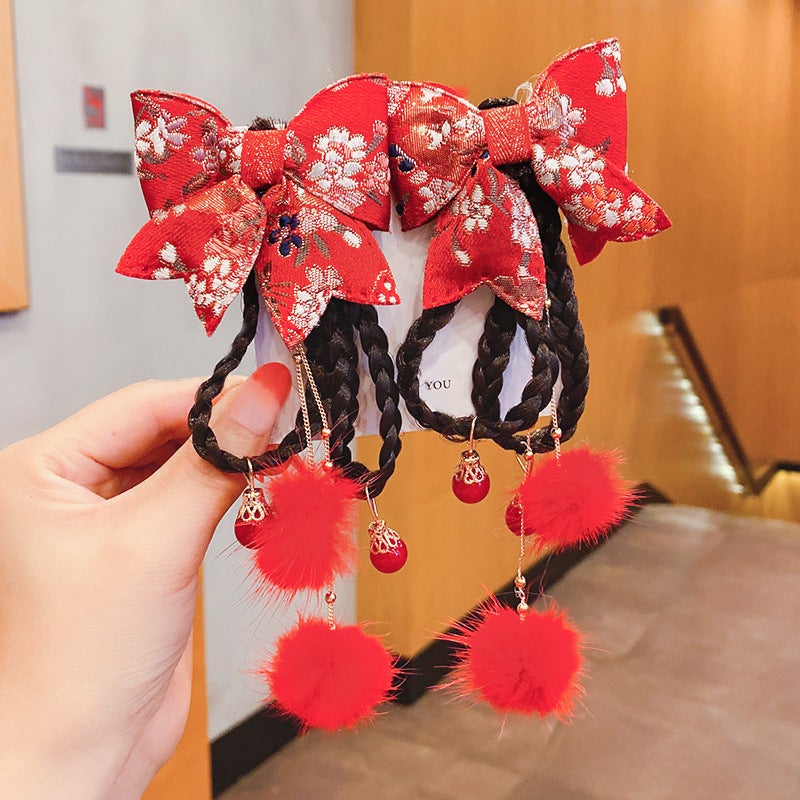 Generic New Year Chinese Baby Wig Braids Kids Hairpin with Bow 6# butterfly braid hair ball (a pair) 