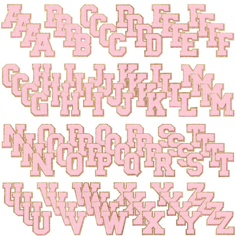104 Pcs Letter Patch Iron on Chenille AZ Repair Alphabet Applique Patches Embroidered Letter Sew on with Gold Border for Bags Shirts236Pink