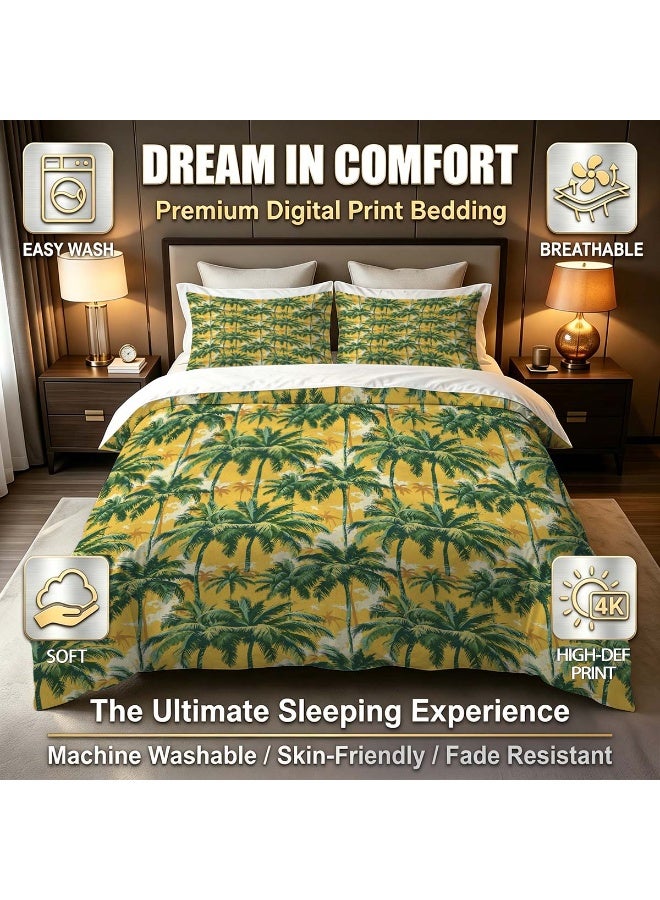 3 Piece Hawaiian Tropical Microfiber Duvet Cover Set, Yellow & Green Palm Tree Print - Image 3