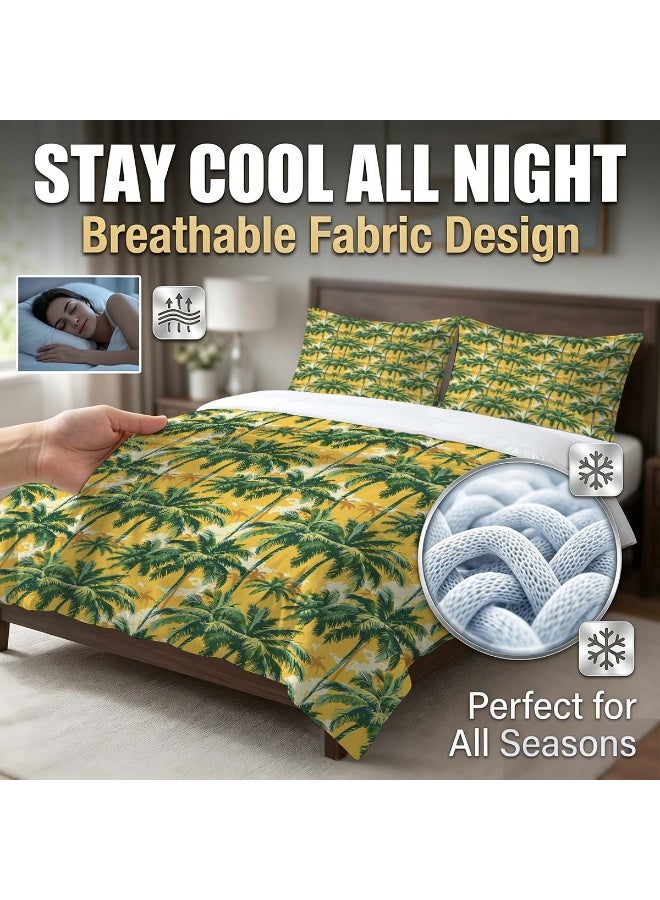 3 Piece Hawaiian Tropical Microfiber Duvet Cover Set, Yellow & Green Palm Tree Print - Image 1