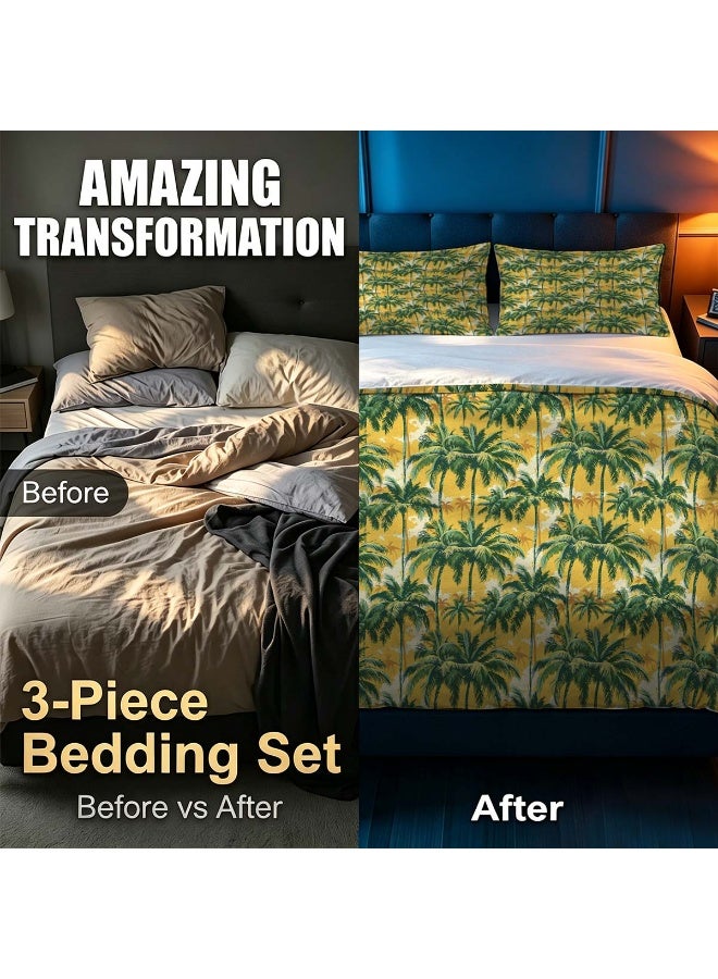 3 Piece Hawaiian Tropical Microfiber Duvet Cover Set, Yellow & Green Palm Tree Print - Image 2