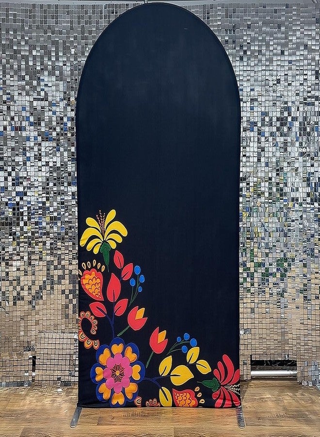 FiVan Spandex Arch Covers Stretchy Curved Backdrop Mexico Flower Black Background Cover for Day of The Dead Festival Decoration (Width=48"(120cm),Height=85"(210cm),FUS-Arch-GX-1045) - Image 2