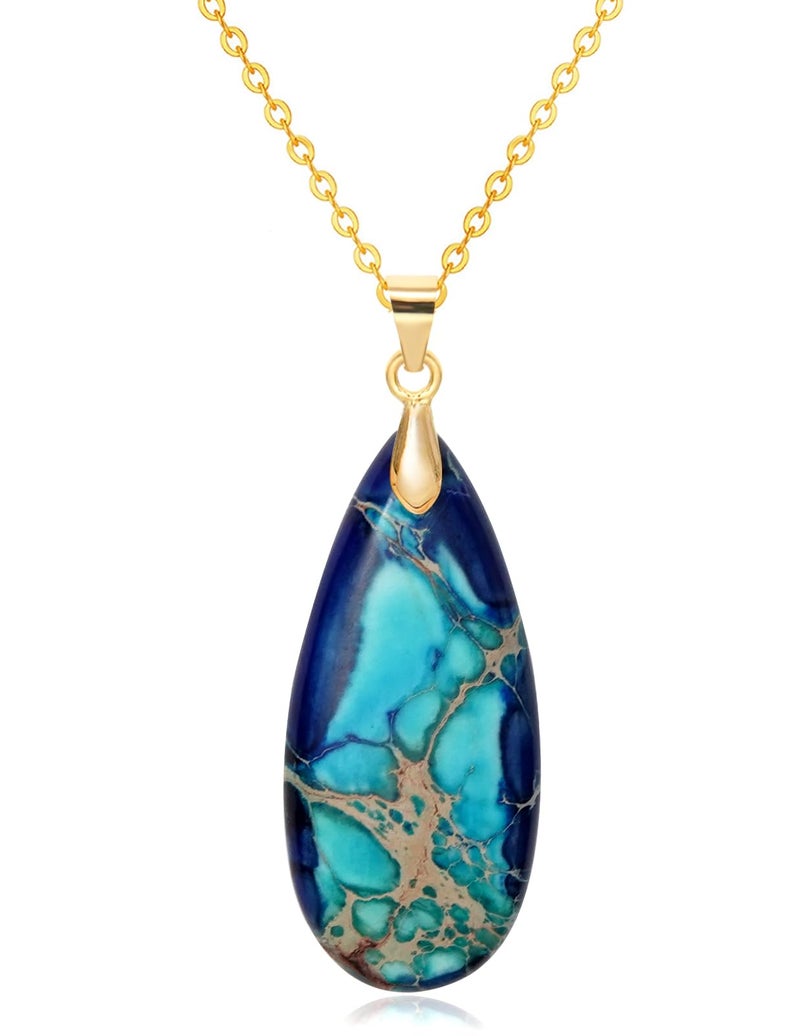 Wovanoo Stone Necklaces for Women Teardrop Gemstone Pendant Necklace 14K Natural Stone Chain Necklaces Blue - Image 1