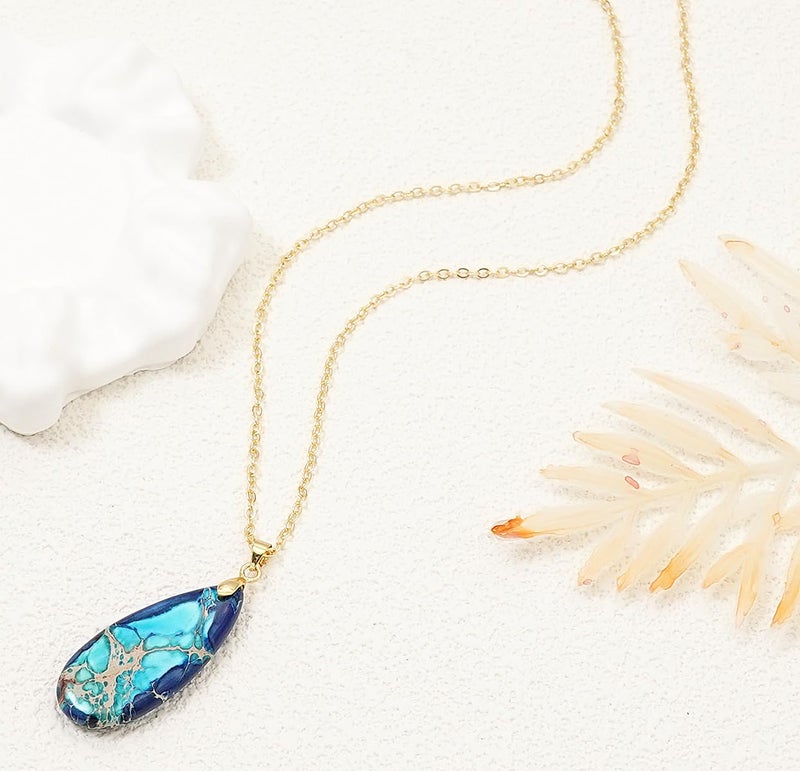 Wovanoo Stone Necklaces for Women Teardrop Gemstone Pendant Necklace 14K Natural Stone Chain Necklaces Blue - Image 4