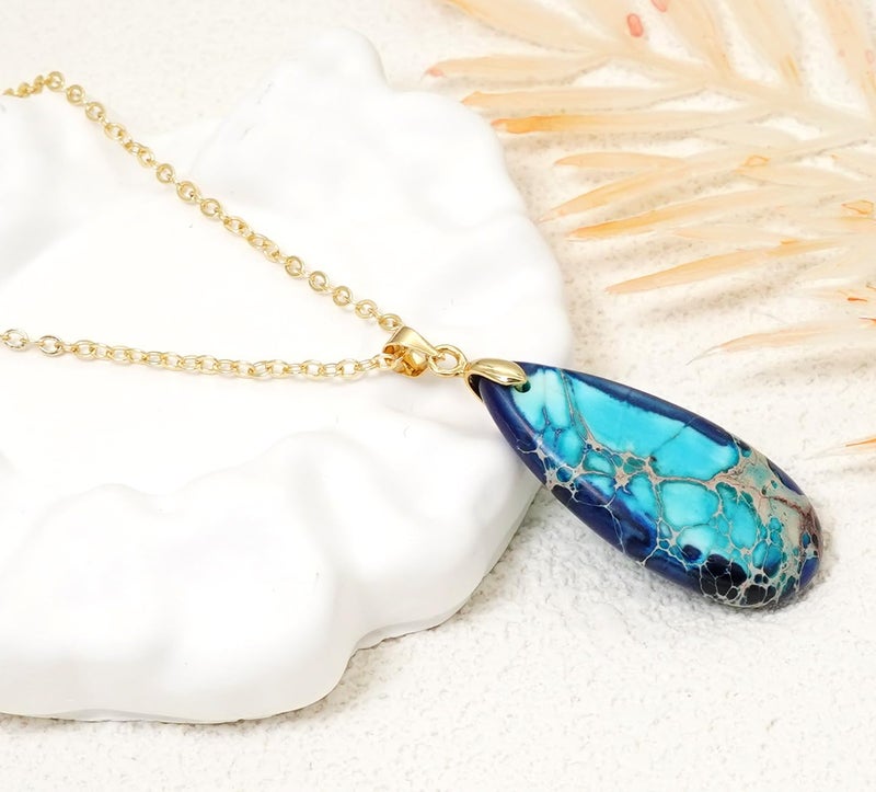 Wovanoo Stone Necklaces for Women Teardrop Gemstone Pendant Necklace 14K Natural Stone Chain Necklaces Blue - Image 3