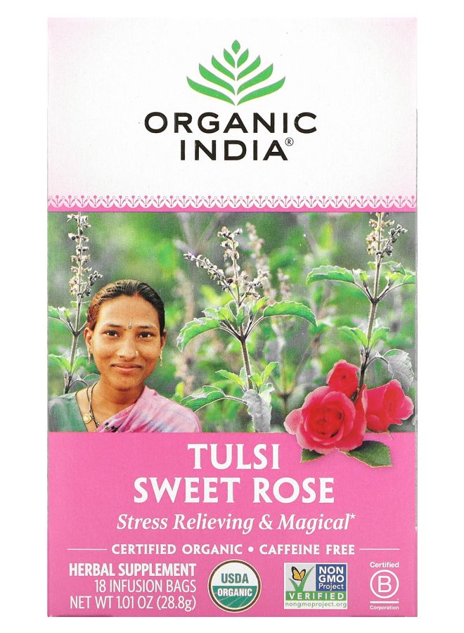 Organic India Tulsi Tea Sweet Rose Caffeine Free 18 Infusion Bags 1.01 oz (28.8 g) 