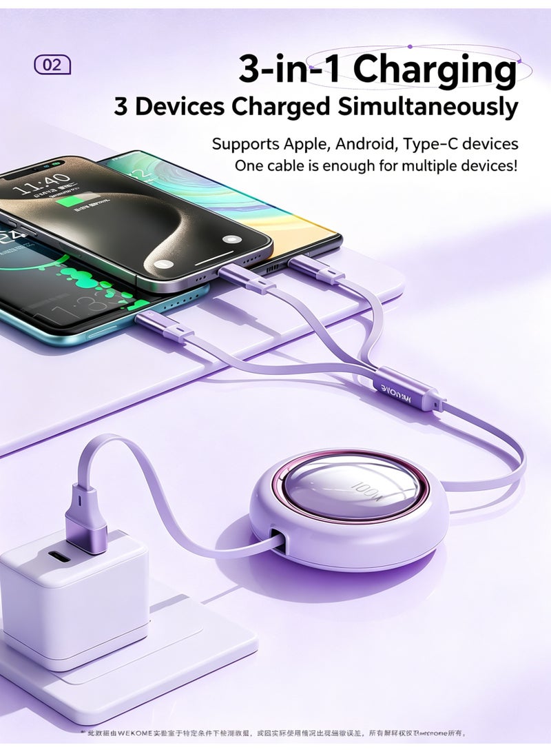 WEKOME 100W Retractable 3-in-1 Fast Charging Cable, 480Mbps Data Sync, Lightning Micro USB Type-C Multi-Port Charge Cord for Smartphones - Image 4