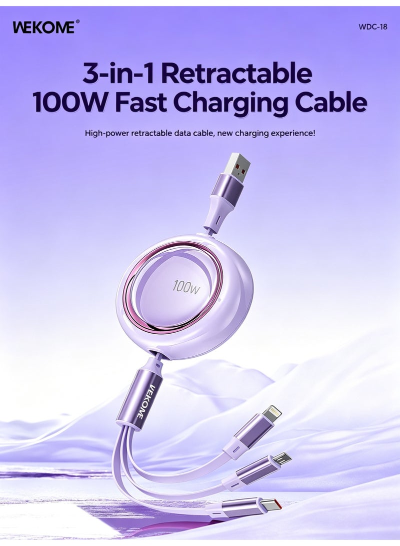 WEKOME 100W Retractable 3-in-1 Fast Charging Cable, 480Mbps Data Sync, Lightning Micro USB Type-C Multi-Port Charge Cord for Smartphones - Image 2