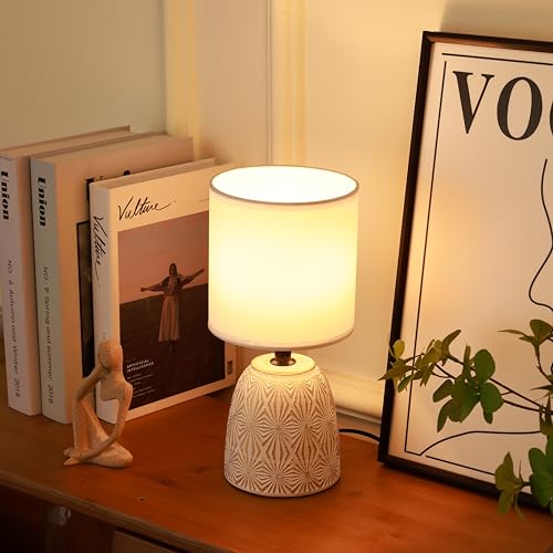 HOME ELEMENTS Ceramic LED Table Lamp, Modern Bedside Night Light, White Fabric Shade, Home Decor Items - Image 2