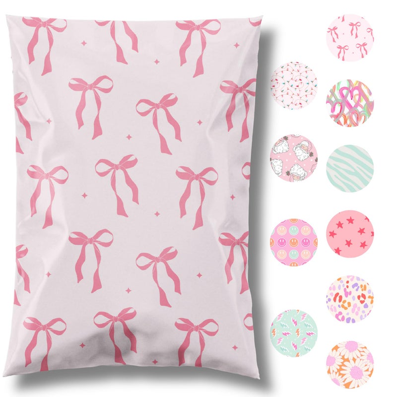 Pretty Package Store 6x9 Designer Poly Mailer 100 Pack Heavy Duty Waterproof Self Seal Shipping Bags for Small Business Large Mailing Envelopes Bulk Tear Resistant Cute Packaging Pink Bows Coquette - Image 1