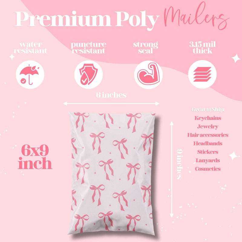Pretty Package Store 6x9 Designer Poly Mailer 100 Pack Heavy Duty Waterproof Self Seal Shipping Bags for Small Business Large Mailing Envelopes Bulk Tear Resistant Cute Packaging Pink Bows Coquette - Image 3
