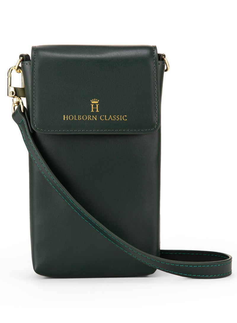 HOLBORN CLASSIC Anna Travel Pouch With Phone Compartment For Women - Green, Leather Phone Pouch Bags, Crossbody Phone Bag, Genuine Leather - Image 1