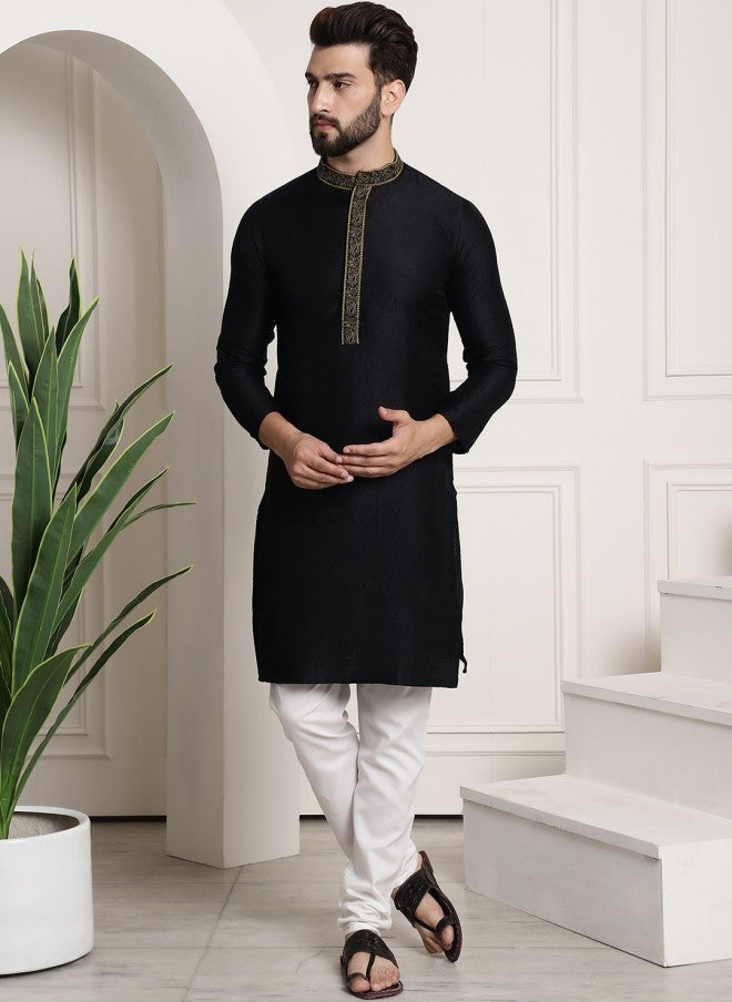 Sojanya Silk Blend Black Kurta With Churidar For Men - Image 1