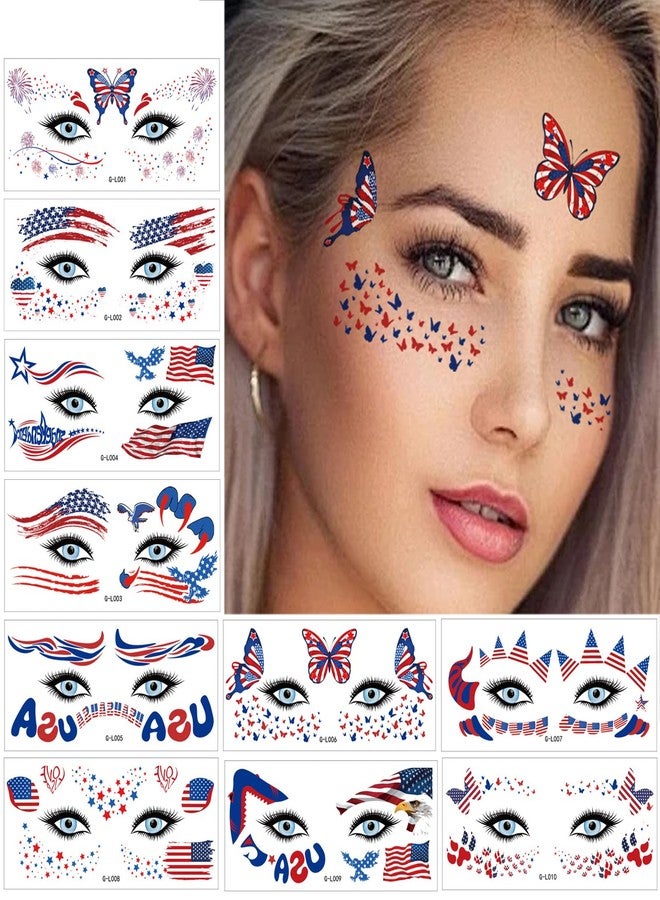 HinchJone Face Temporary Tattoos Sticker 10 Sheets 4th of July Flag Butterfly Tattoos Face Eyes Stickers Decorations Fit for Women Patriotic Makeup Festival Party - Image 1