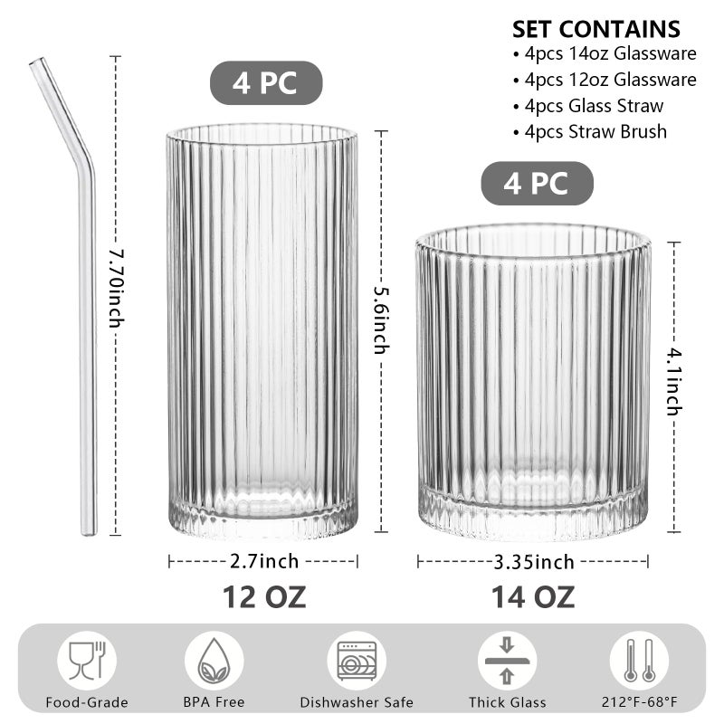 INSETLAN Set of 8 Vintage Glassware - 4 Highball Glasses 12 oz, 4 Rocks Glass Cups 14 oz, Ribbed Glassware Cocktail Glasses, Ideal for Wine, Juice, Water, Ice Coffee Cup, Whiskey, Mixed Drinkware - Image 2