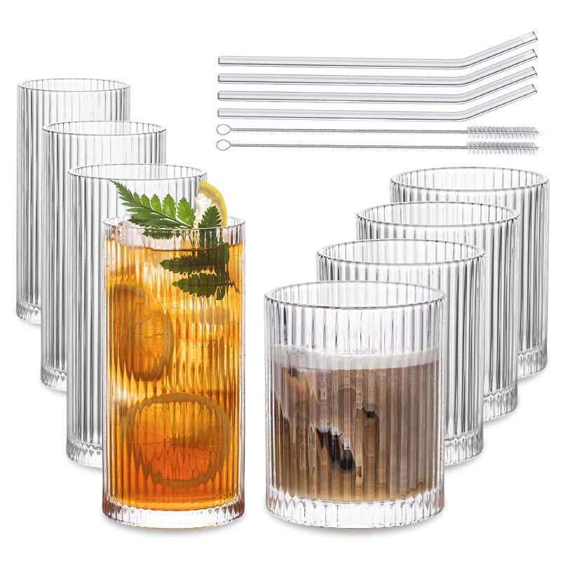 INSETLAN Set of 8 Vintage Glassware - 4 Highball Glasses 12 oz, 4 Rocks Glass Cups 14 oz, Ribbed Glassware Cocktail Glasses, Ideal for Wine, Juice, Water, Ice Coffee Cup, Whiskey, Mixed Drinkware - Image 1