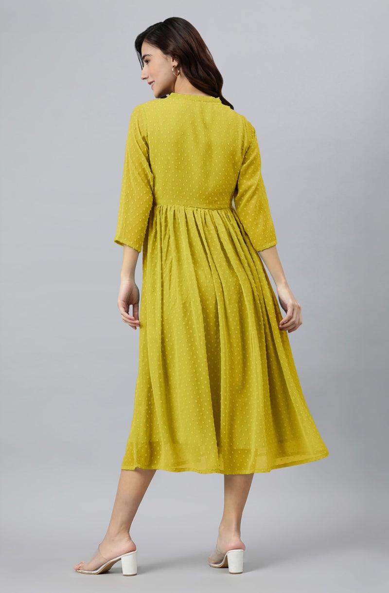 Janasya Women's Mustard Dobby Chiffon Woven Design Flared Dress (JAC24KR01572-XL) - Image 4