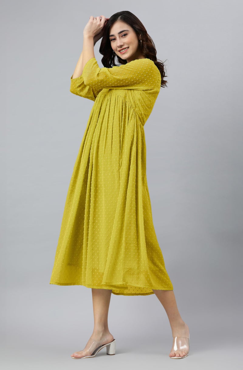 Janasya Women's Mustard Dobby Chiffon Woven Design Flared Dress (JAC24KR01572-XL) - Image 3