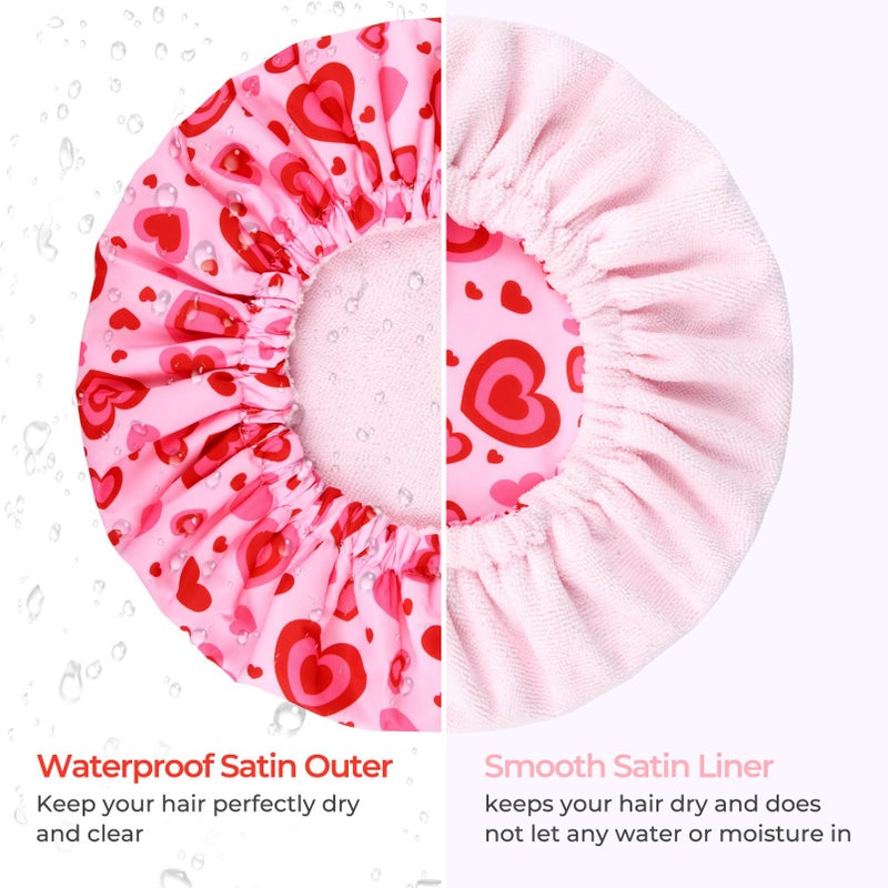 Aileam Shower Cap for Women Terry Lined Bath Cap Large Reusable Waterproof Elastic Band Pink Love Shower Caps for Long Thick Hair Soft Bath Shower Hair Caps - Image 5