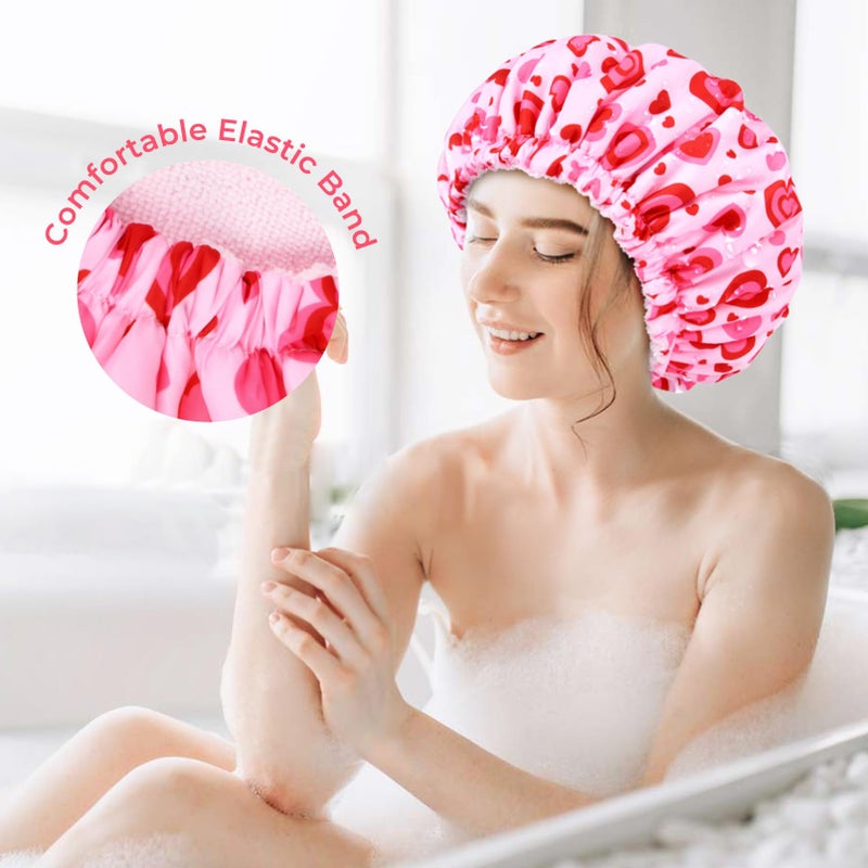 Aileam Shower Cap for Women Terry Lined Bath Cap Large Reusable Waterproof Elastic Band Pink Love Shower Caps for Long Thick Hair Soft Bath Shower Hair Caps - Image 4